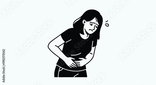 A young woman looks distressed as she holds her stomach in pain or discomfort