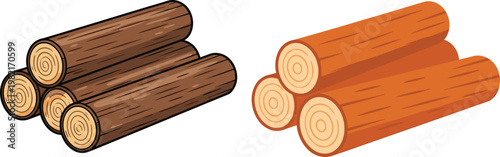Wood log vector set with natural timber stacks, tree trunk bundles illustration, forestry and lumber material collection isolated on white background