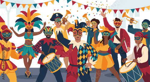 A joyful group of diverse people in colorful carnival masks and costumes dancing
