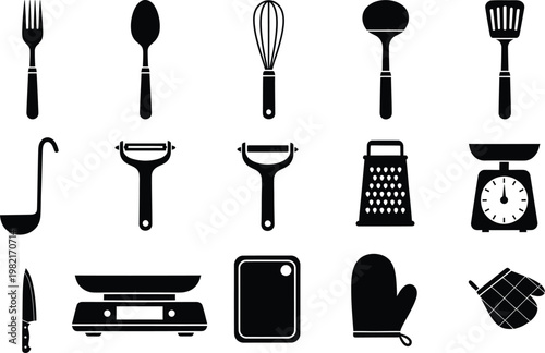 A set of fifteen black kitchen utensil and tool icons on a plain white background.