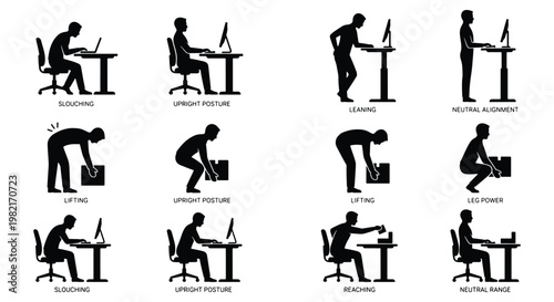 Fotografia Ergonomic posture silhouette icons, correct and incorrect sitting and standing p
