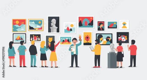 A diverse group of people viewing various artworks displayed on a gallery wall