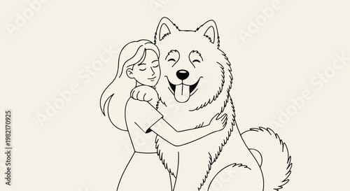 A line art illustration of a young girl happily hugging her fluffy pet dog