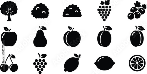Collection of black and white silhouette icons representing various fruits and plants on white