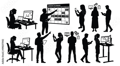 Business professional silhouettes for content planning, office workers at desks with computers, marketing team collaborating on project management