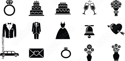 Collection of black and white wedding icons including rings cakes tuxedo and a dress.