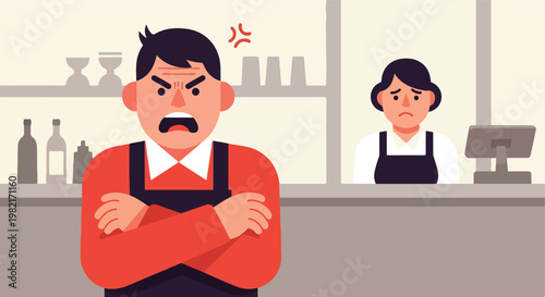 An angry man in a red shirt and apron stands before a sad coworker at a counter