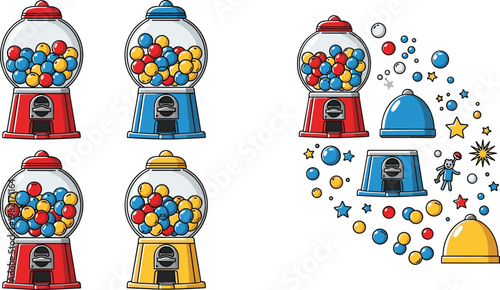 Gumball Machine Set with Colorful Candy Balls and Disassembled Parts Illustration Collection for Toy, Vending and Sweet Snack Design