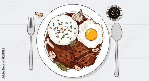 Flat lay illustration of chicken adobo with rice, fried egg, garlic, and sauce