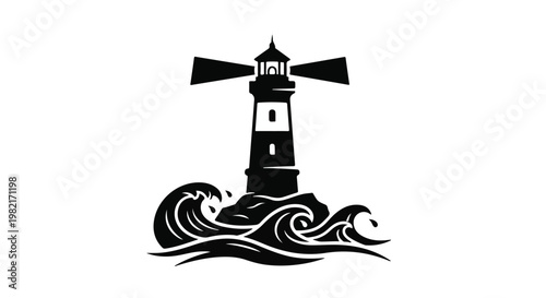 Lighthouse icon stands tall amidst crashing waves, representing maritime safety, navigation guidance, and coastal protection as a sturdy symbol for nautical themes and maritime history.