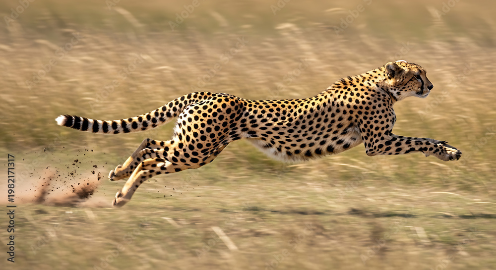 Fototapeta premium A wild cheetah running at full speed across the vast African savanna, showing power and grace as it kicks up dust with its back paws in the sunlight.