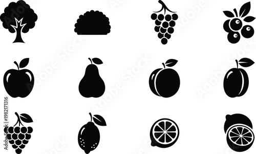 Collection of minimalist black and white fruit icons including apple, pear, grape, and lemon.