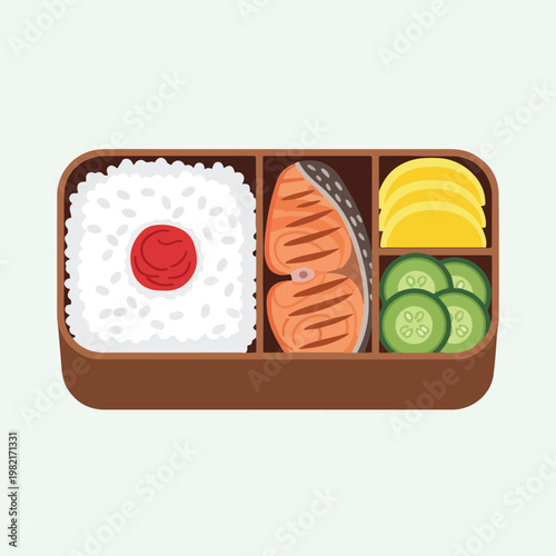 A wooden bento box containing grilled salmon, white rice, cucumber and pickles