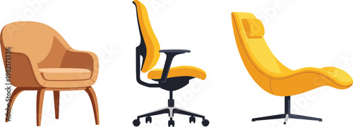 Modern chair vector set with office, lounge and armchair designs, stylish seating furniture collection, contemporary interior illustration isolated on white background