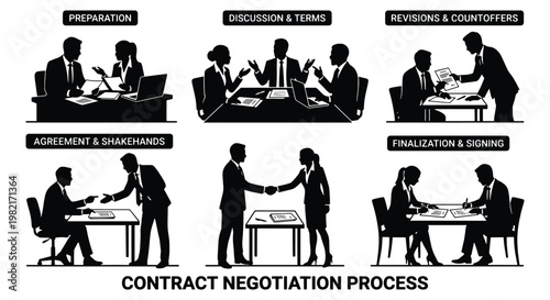 Business Contract Negotiation Process Silhouettes, Corporate Meeting and Agreement Stages, Professional Partnership Handshake and Signing Vector Set