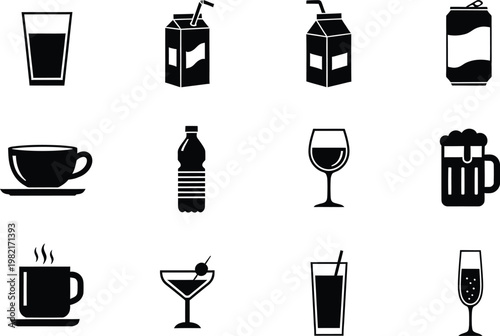 Set of black and white drink icons including coffee, tea, beer, wine, and juice containers.
