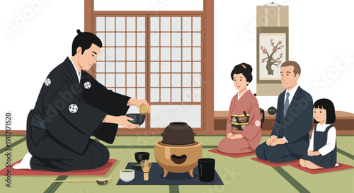A man performs a traditional Japanese tea ceremony for a family in a tatami room
