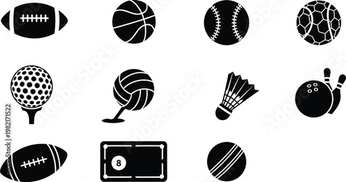A diverse collection of black and white icons representing various sports equipment and balls