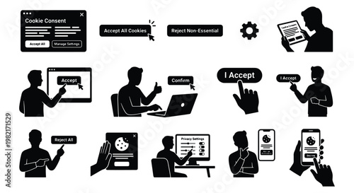 Cookie consent icon set, website privacy policy and GDPR compliance elements, user interface buttons for data protection and web security