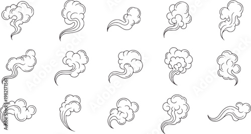 Collection of stylized black and white smoke and steam wisps vapor cloud