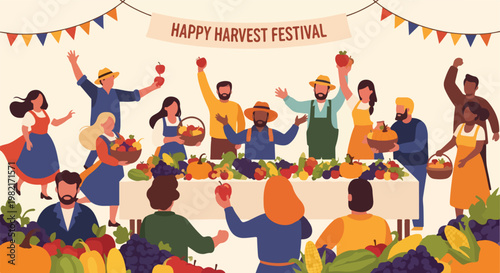 A diverse group of people celebrating a harvest festival at a table of produce