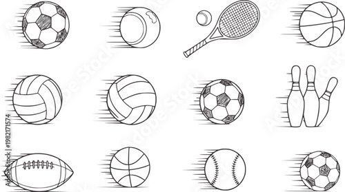 Collection of twelve hand drawn sports balls and equipment in motion soccer tennis