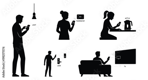 Smart home automation silhouettes, people controlling household appliances with smartphone apps, IoT technology vector set for modern living