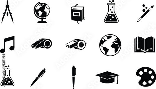 Educational icons set featuring school subjects like science geography music art and mathematics