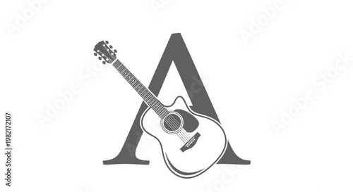 Acoustic Guitar Leaning on Large Letter A, Music Concept, Minimalist Design