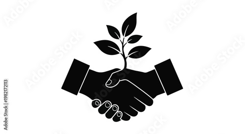 Handshake icon featuring a growing plant seedling emerging from joined palms signifies sustainable partnerships, corporate environmental responsibility, and ethical business collaboration.