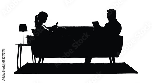 Black silhouette of couple sitting on sofa with gadgets, man and woman using smartphone and tablet at home, living room furniture vector illustration