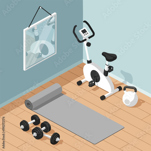 Isometric view of a home gym with an exercise bike, mat, kettlebell, and weights