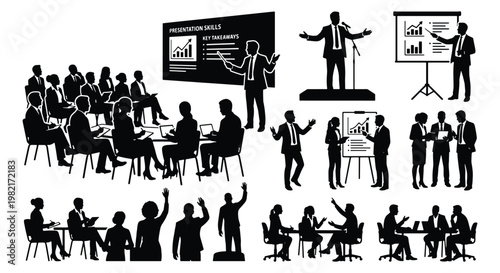 Business presentation silhouettes set, professional speaker giving keynote speech to audience, corporate meeting and seminar workshop vector icons