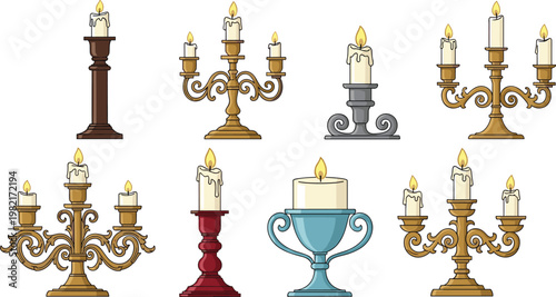 Vintage candle holder vector set with classic candelabras and antique candlesticks, elegant decorative lighting collection isolated on white background