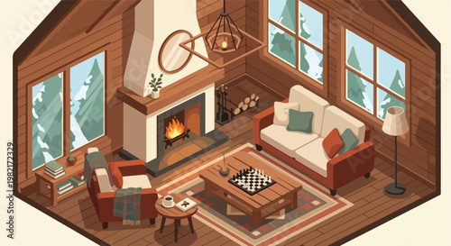 Cozy isometric log cabin living room with fireplace and snowy forest view outside