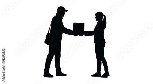 Delivery service silhouette of courier handing parcel to customer, shipping and logistics concept, black vector icons of mailman and woman with box