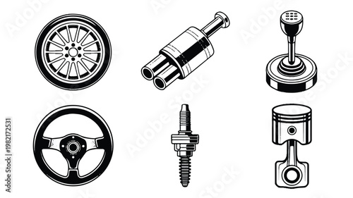 An illustration of various car parts including a wheel, steering wheel, piston, spark plug, and gear on a white background