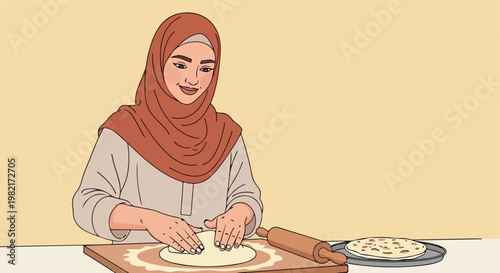 A smiling woman wearing a hijab prepares dough on a wooden board in the kitchen