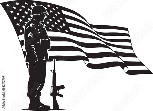 Solemn soldier saluting beside the waving american flag with rifle