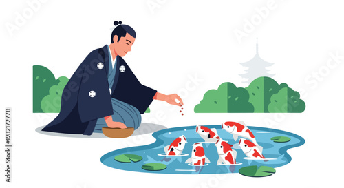 Japanese man in traditional clothing feeds colorful koi fish in a serene pond