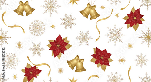 Poinsettia flowers and gold bells form a seamless pattern on a clean white background for winter holidays.