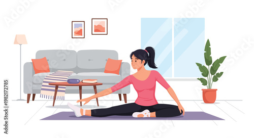 Woman in pink shirt performing a leg stretching yoga exercise in her living room