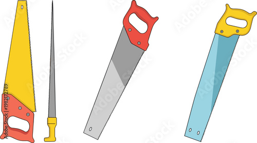 Hand saw and tools vector set with different styles, carpentry equipment collection, woodworking instruments illustration isolated on white background
