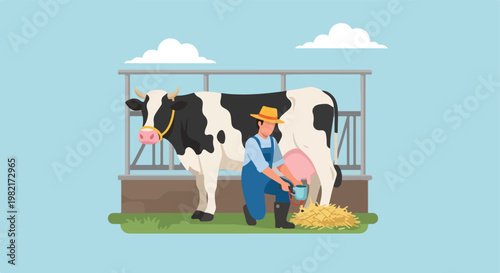 A farmer in a straw hat kneels to milk a black and white cow in a farm setting