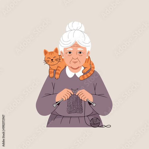 An elderly woman with a white bun knitting a sweater with a ginger cat on her