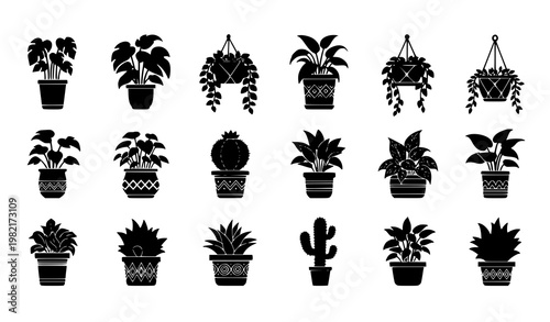 Potted plant silhouettes set houseplants cactus and succulents black vector collection