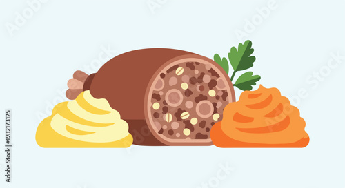 A cartoon illustration of a haggis served with scoops of neeps and tatties