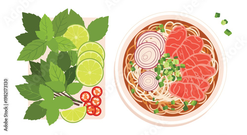A flat vector overhead view of a bowl of noodle soup with fresh garnish sides