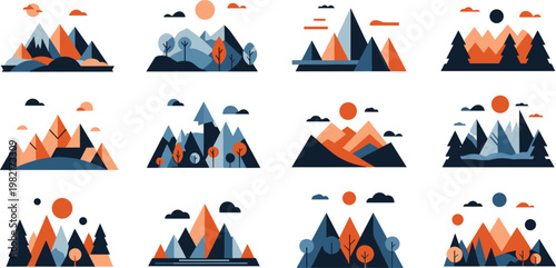 Vector set of geometric mountain and forest landscapes for adventure branding.Vector set of geometric mountain and forest landscapes for adventure branding.