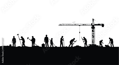 Construction workers operate heavy machinery at a building site during a large scale development project.